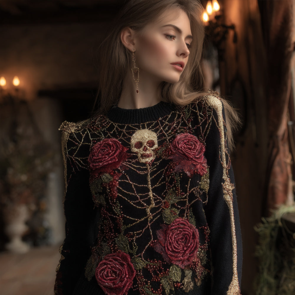 Comstylish Women's Halloween Red Rose And Spider Web Retro Round Neck Sweater