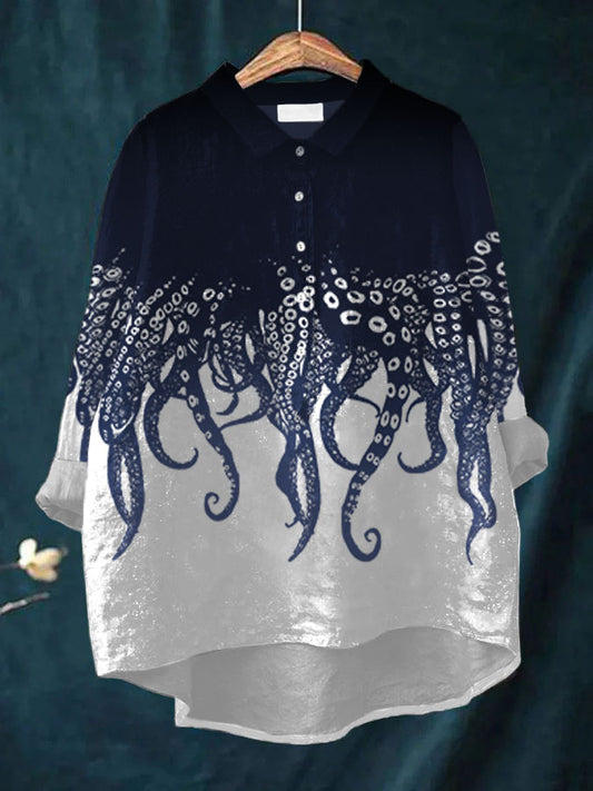 Women's Casual Japanese Art Ocean Octopus Print Shirt