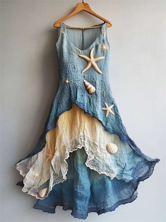 Starfish & Sea Shells Embroidered Sea Waves Layered Flowy Linen Dress elevenforest