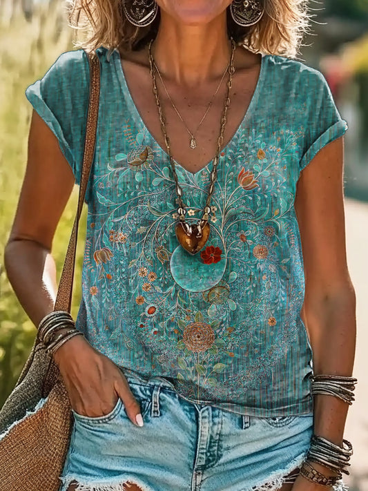 Vintage Floral Art Print 100%Cotton V-neck T-Shirt