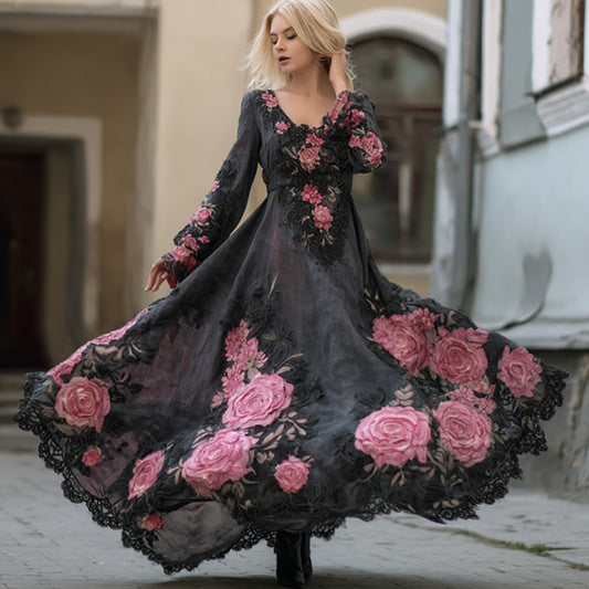 Women's Casual Retro Bohemian Embroidered Floral Print Dress elevenforest