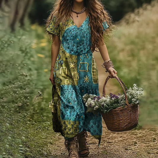Women's Vintage Patchwork Art Print V-neck Linen Blend Midi Dress elevenforest
