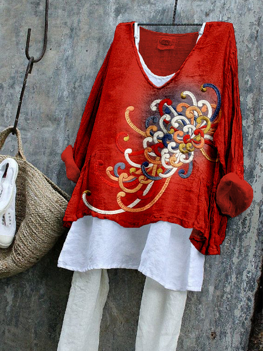 Embroidered Japanese Flower Art Linen Blend Tunic elevenforest