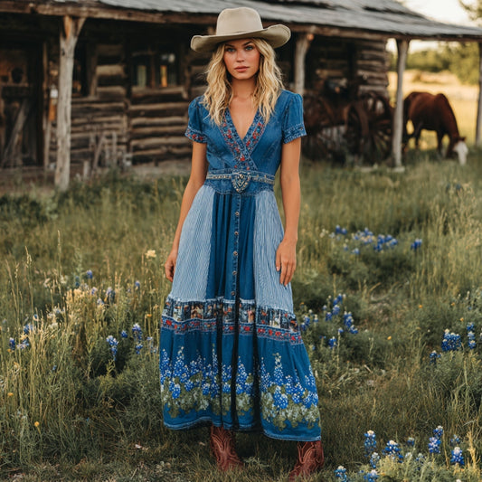 Women's Vintage Western Texas Bluebonnets Printed Patchwork V-neck Short Sleeves Midi Dress elevenforest