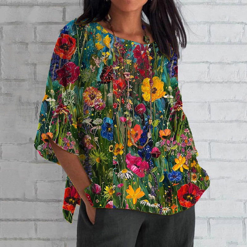 Vintage Colorful Floral Art Crew Neck Casual Shirt elevenforest