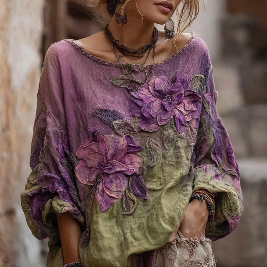 Vintage Purple Flowers Art Gradient Linen Shirt elevenforest
