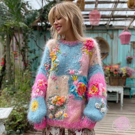 Women's Floral Embroidery Patchwork Art Cozy Knit Sweater