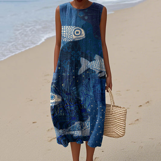 Vintage Ocean Sardines Art Print Crew Neck Dress elevenforest