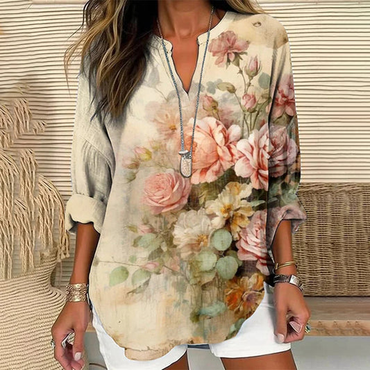 Women's Vintage Floral Art Linen Blend Shirt elevenforest