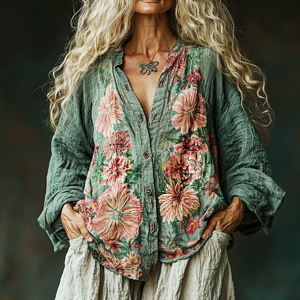 Bohemian Linen Floral Art Print  Long Sleeve Shirt elevenforest