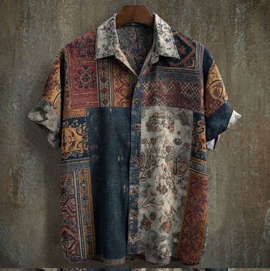 Western Style Bohemian Plant Flower Pattern Color Block Patchwork Retro Cotton And Linen Men's Shirt elevenforest