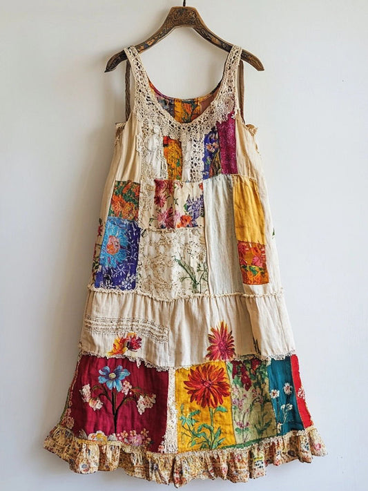 Vintage Floral Pattern Patchwork Art Linen Blend Dress elevenforest