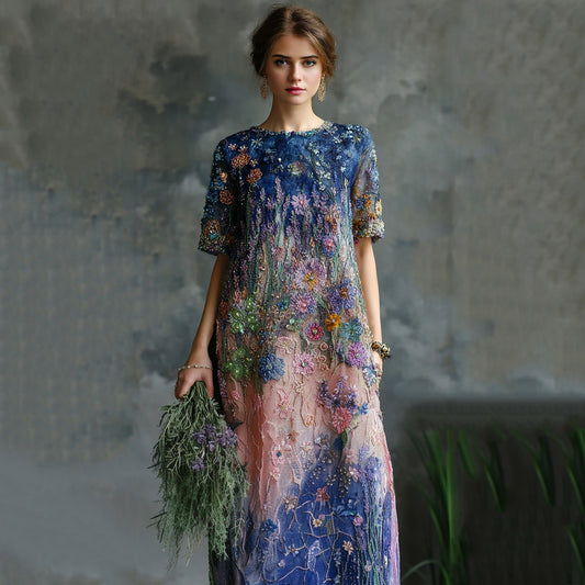 Women's Elegant Oil Painting Floral Sequined Maxi Dress
