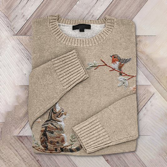 Vintage Cat And Bird Embroidered Knitted Sweater