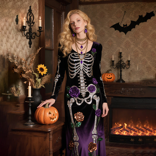 Vintage Halloween Skeleton Bones With Roses Flowy Velvet Maxi Dress elevenforest