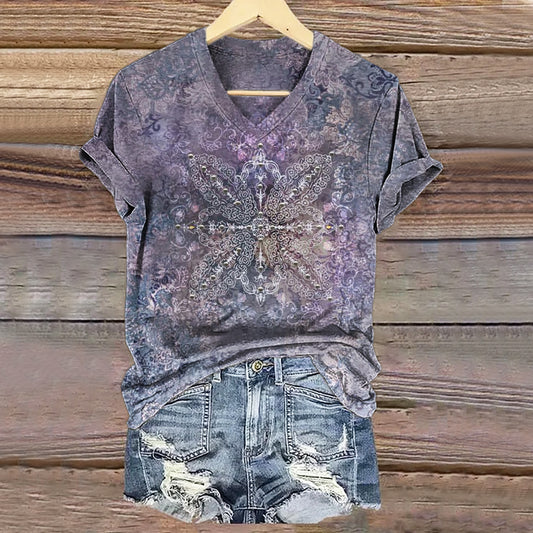 Women's Vintage Ethnic Floral Art Print V-neck Casual T-Shirt