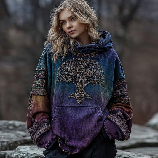 Women's Vintage Viking Celtic Knot Tree Of Life Graphic Warm Hoodie elevenforest