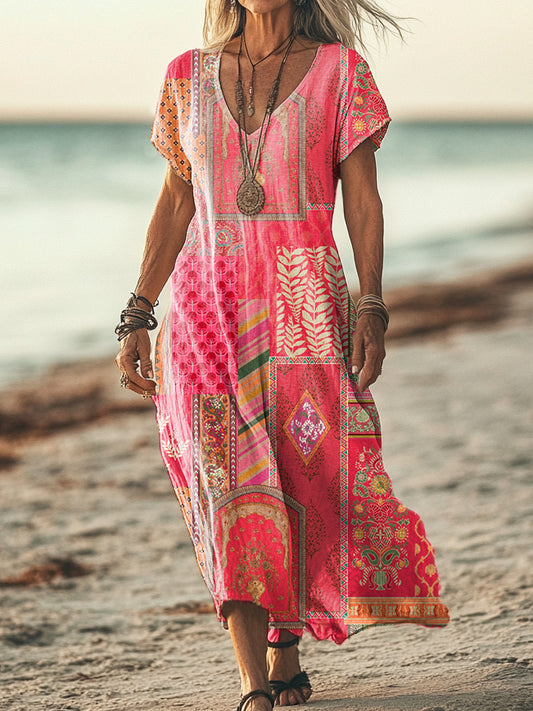 Women's Vintage Ethnic Floral Art Print Pocket Cotton Dress
