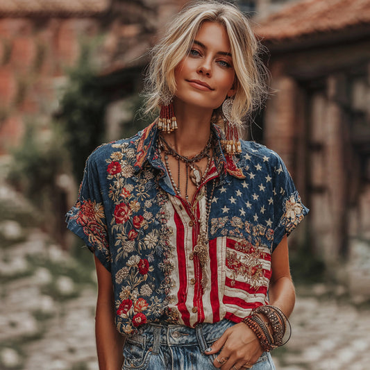 Women's Retro Flag Style Embroidered Linen Blend Shirts elevenforest
