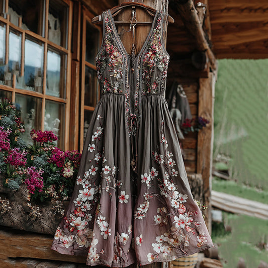 Women's Boho Floral Art V Neck Comfy Midi Dress elevenforest