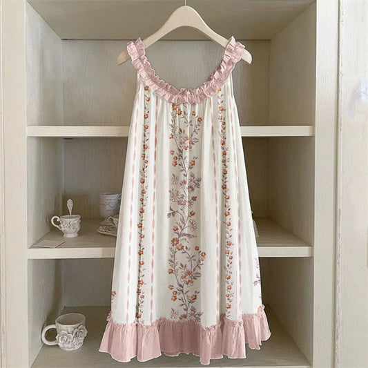 Vintage Floral Pink Ruffle Trim Linen Dress elevenforest