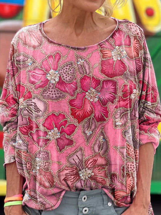 Women's Floral Texture Art Pattern Print Casual Long Sleeve T-shirt