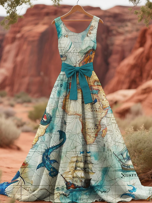 Vintage Nautical Map Women's Linen Maxi Dress elevenforest