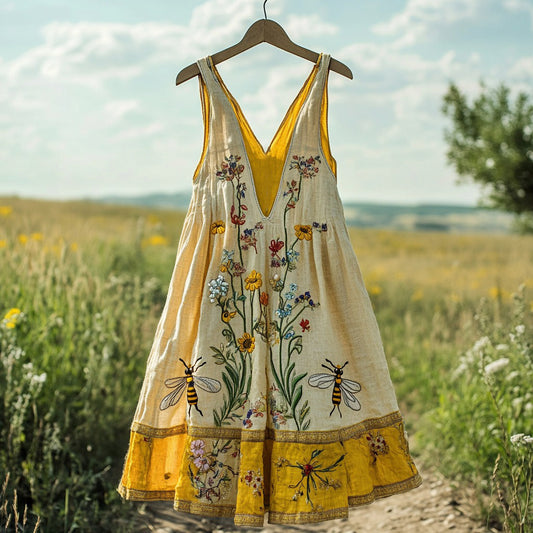 Women's Vintage Bees And Floral Design V-neck Mini Dress elevenforest