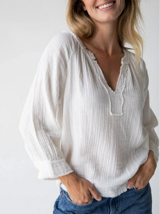 Summer Women's Cotton&Linen V-Neck Shirt 