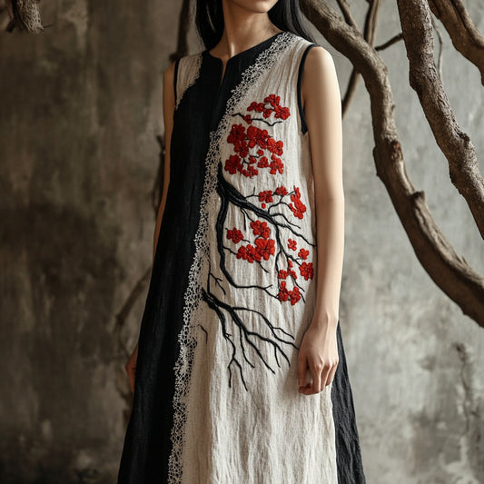 Women's Cherry Blossom Embroidery Lace Patchwork Art Linen Tank Dress elevenforest