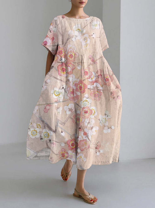 Cherry Blossom Print Linen Blend Maxi Dress elevenforest