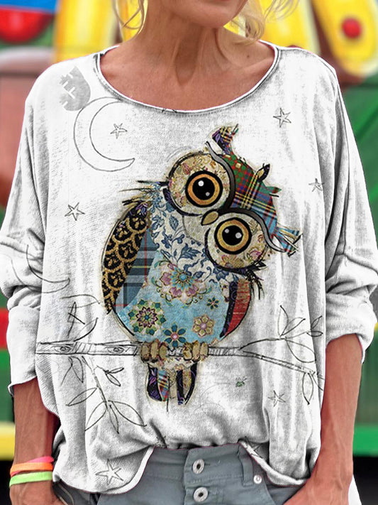 Owl Art Print Casual Long Sleeve T-Shirt