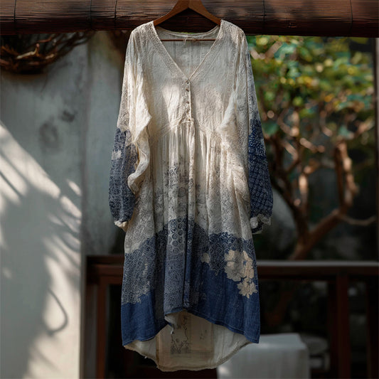 Japanese Floral Sashiko Contrast Lace Flowy Maxi Dress elevenforest