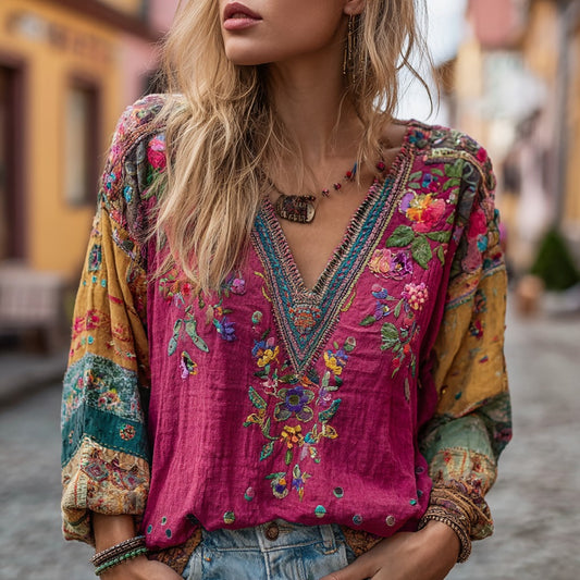 Women's Floral Embroidery Colorblock Art Linen Blend V-neck Boho Shirt elevenforest