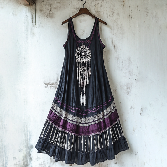 Bohemian Lace Floral Embroidery Art Linen Tank Dress elevenforest