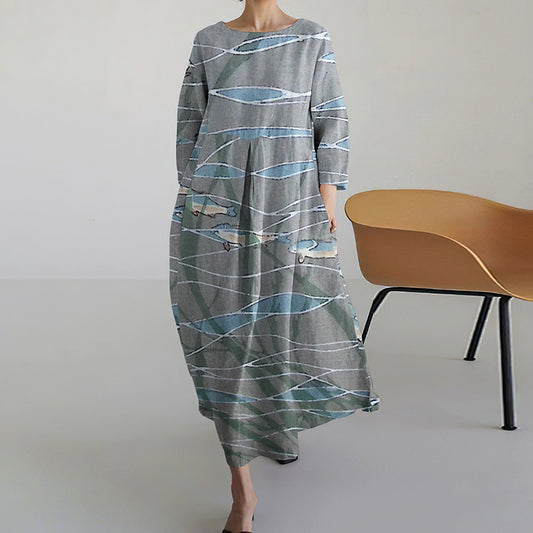 Japanese Art Fish Print Round Neck Loose Midi Dress elevenforest