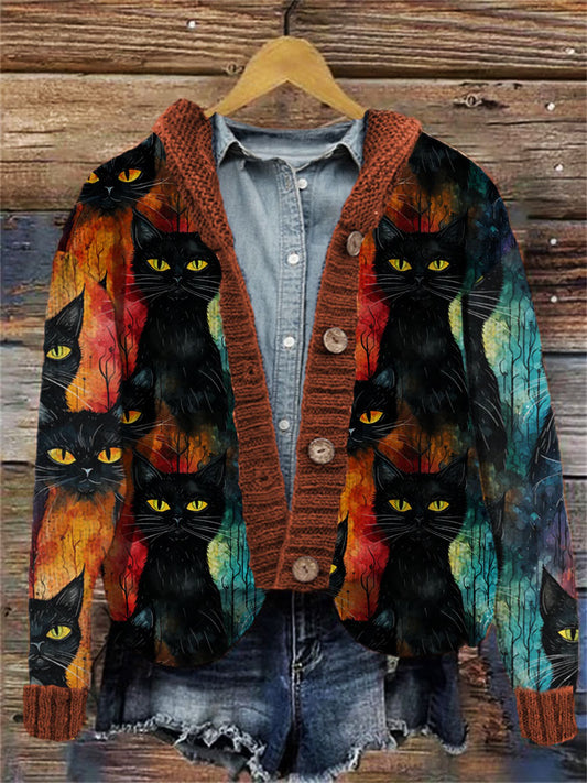Colorful Halloween Cat Pattern Women's Cardigan elevenforest