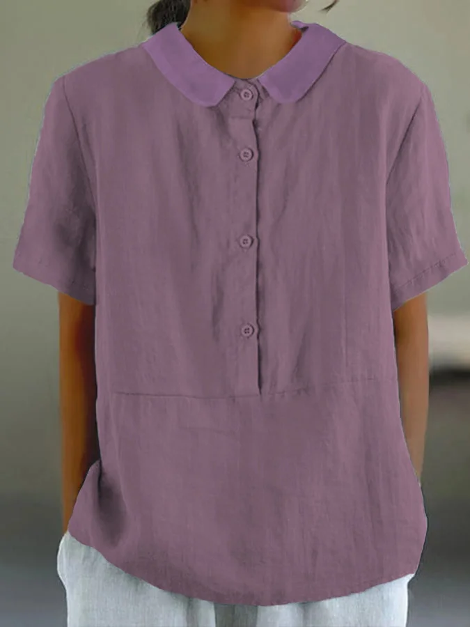 KS | Santorini - Women's plain-colored casual shirt with a round neckline and buttons.