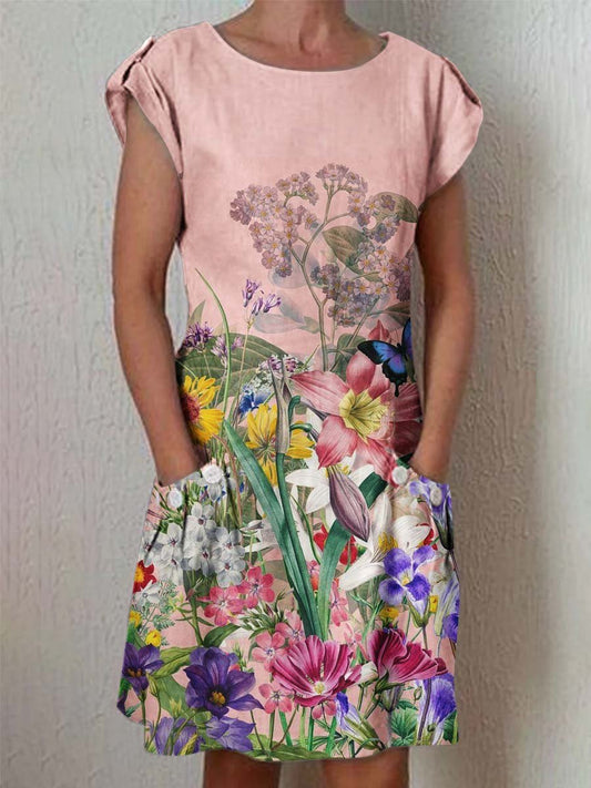 Women's Classic Floral Pattern Vintage Cotton and Linen Dress with Pockets