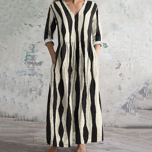 Comstylish Vintage Stripe Pattern Women's Linen Dress