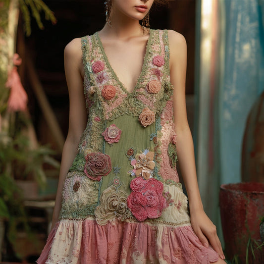 Vintage Boho Roses Embroidered Patchwork Linen Mini Dress elevenforest