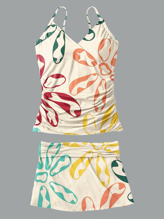 V-Neck Vintage Flowers Print Suspender Skirt Tankini Pantskirt Set Swimsuit