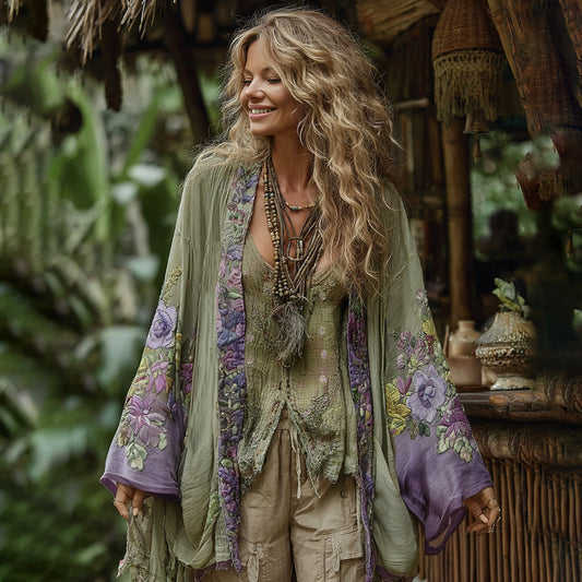 Classic Bohemian Floral Art Embroidery Print Cotton And Linen Blend Kimono Cardigan artswardrobe