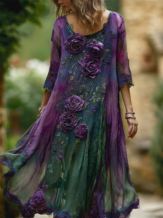 Vintage Purple Roses Glitter Fiber Art Forest Natural Dyed Flowy Dress elevenforest
