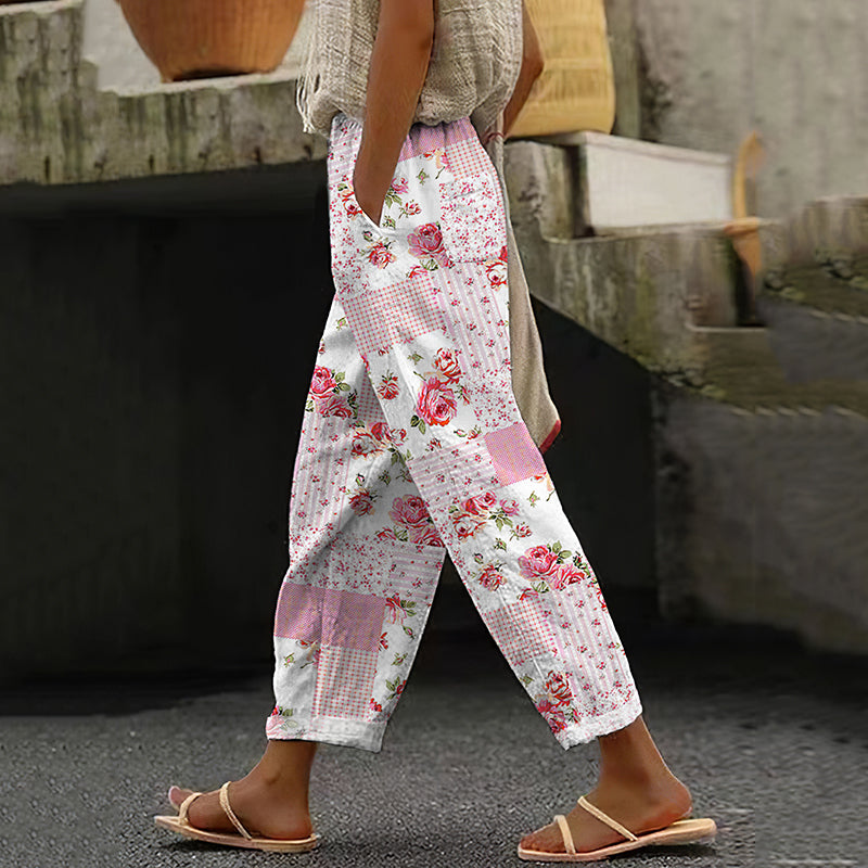 Vintage Rose Art Pocket Cotton Linen Pants elevenforest