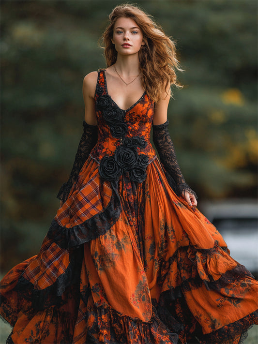 Vintage Gothic Black Roses Plaid Flowy Maxi Dress elevenforest