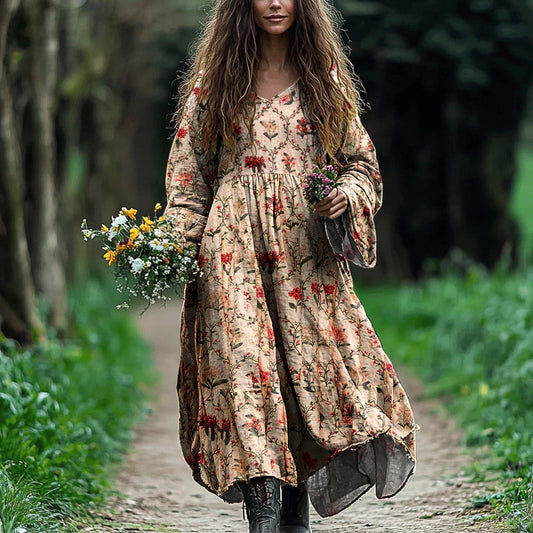 Vintage Boho Floral Art Linen Blend Maxi Dress elevenforest