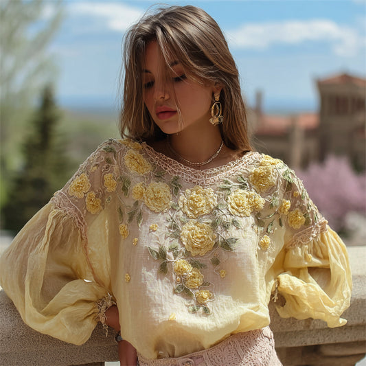 Boho Cottagecore Yellow Floral Embroidered Flowy Linen Tunic elevenforest
