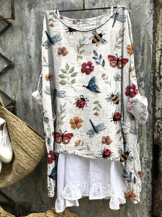 Comstylish Insects & Flowers Embroidery Graphic Cozy Linen Shirt
