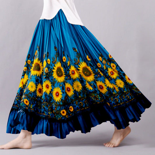 Vintage Sunflower Embroidered Pattern Flowy Wide Skirt elevenforest